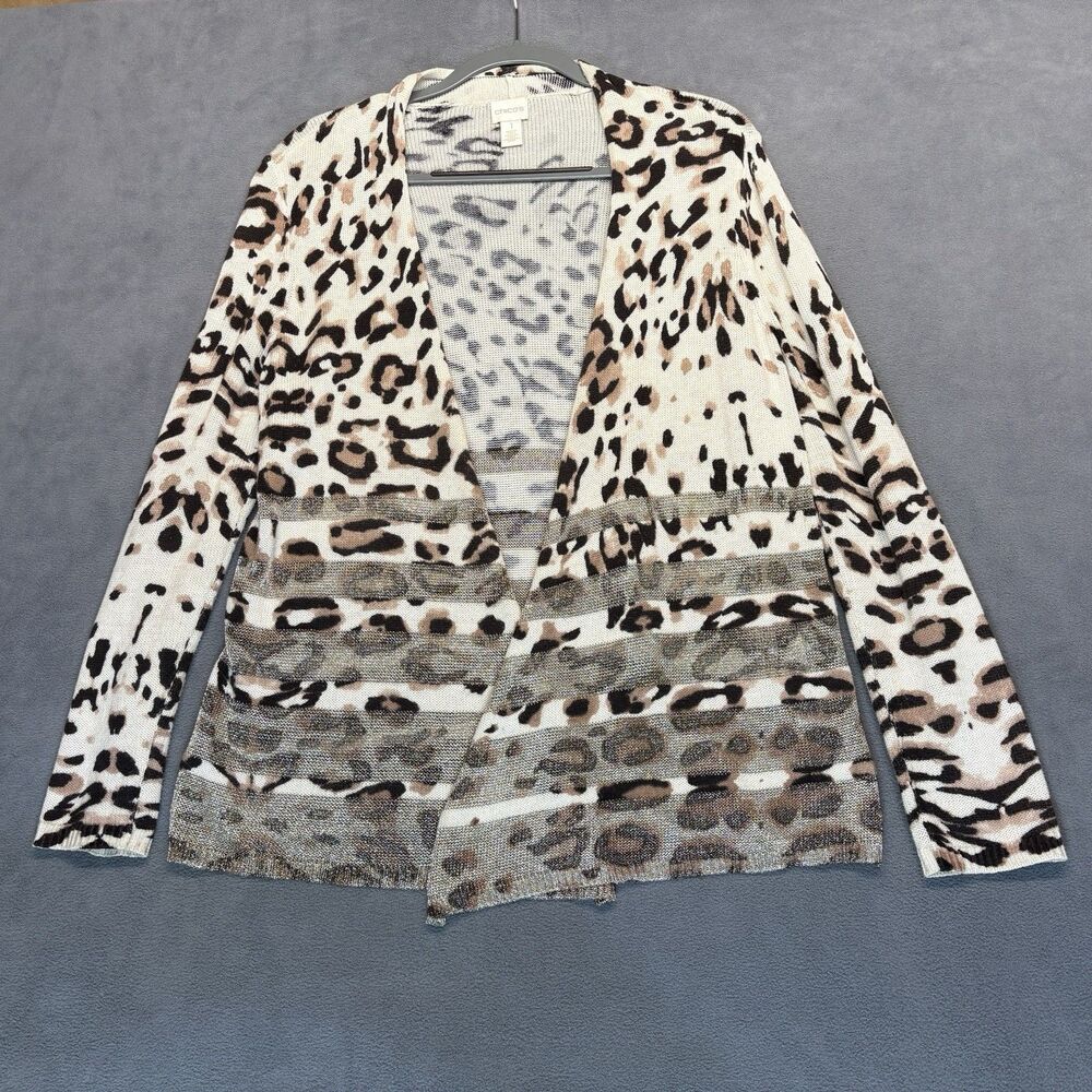 Chicos Size 1 Small Open Front Cardigan‎ Leopard Animal Print Metallic Knit